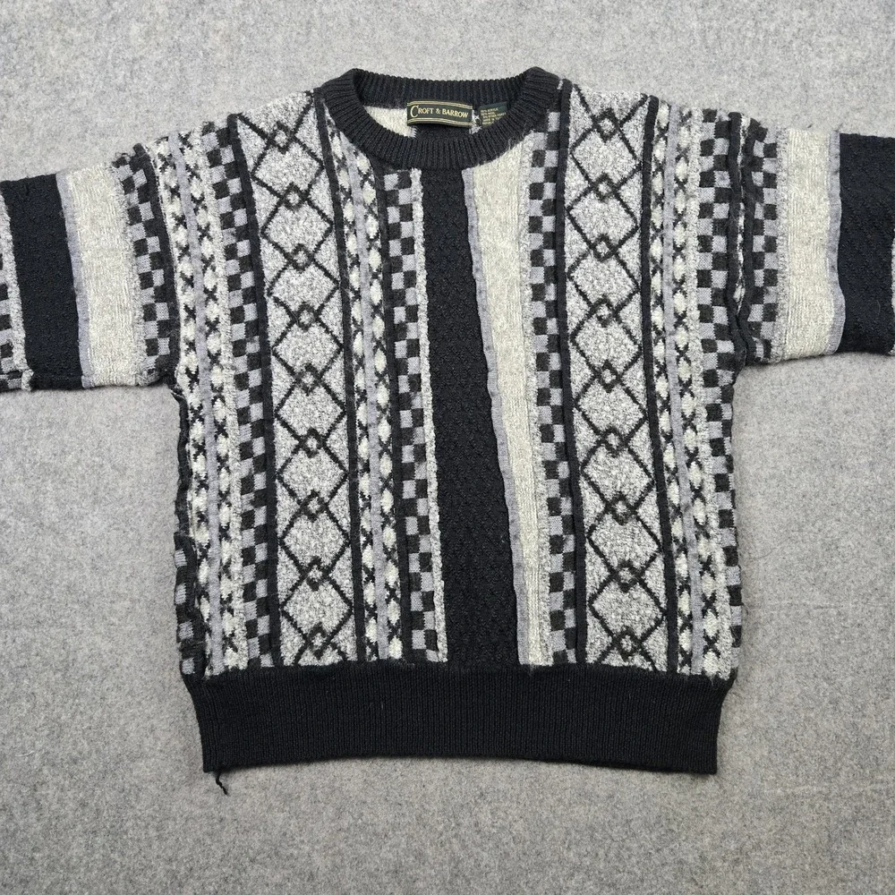 Vintage‎ Croft & Borrow Sweater Mens Large Gray Black 3D Knit 90s Sweatshirt